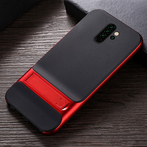 Silicone Matte Finish and Plastic Back Cover Case with Stand R06 for Xiaomi Redmi Note 8 Pro Red