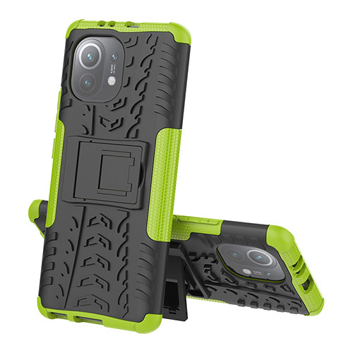 Silicone Matte Finish and Plastic Back Cover Case with Stand R07 for Xiaomi Mi 11 Lite 5G Green