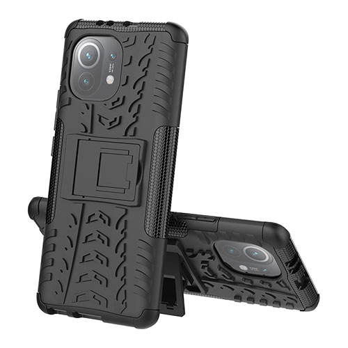 Silicone Matte Finish and Plastic Back Cover Case with Stand R07 for Xiaomi Mi 11 Lite 5G NE Black