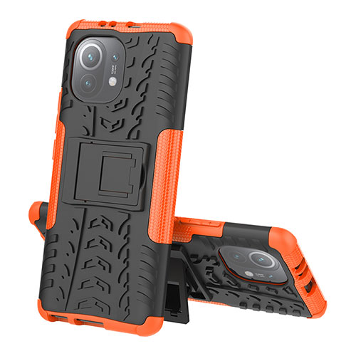 Silicone Matte Finish and Plastic Back Cover Case with Stand R07 for Xiaomi Mi 11 Lite 5G NE Orange