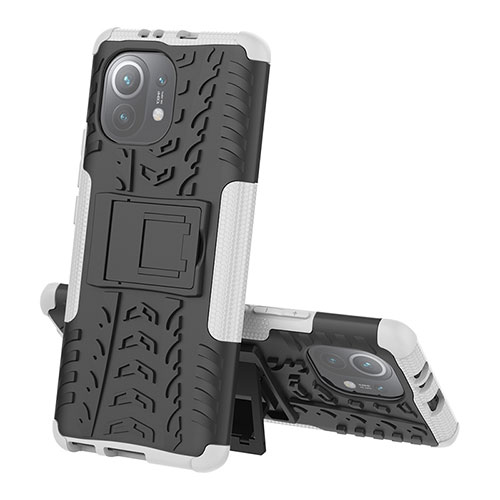 Silicone Matte Finish and Plastic Back Cover Case with Stand R07 for Xiaomi Mi 11 Lite 5G NE White