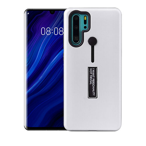 Silicone Matte Finish and Plastic Back Cover Case with Stand T01 for Huawei P30 Pro New Edition White