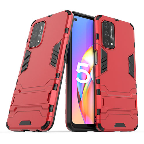 Silicone Matte Finish and Plastic Back Cover Case with Stand T01 for Oppo A93 5G Red