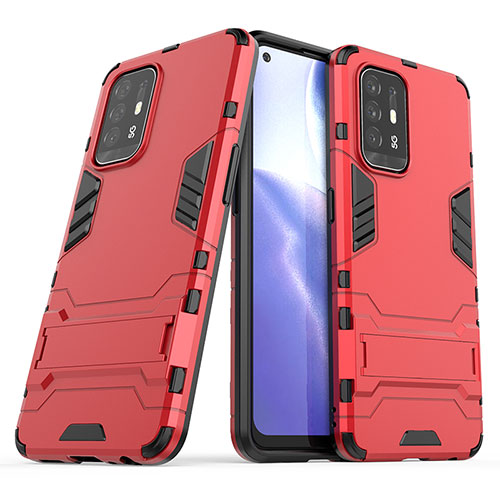 Silicone Matte Finish and Plastic Back Cover Case with Stand T01 for Oppo A95 5G Red