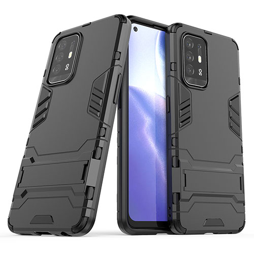 Silicone Matte Finish and Plastic Back Cover Case with Stand T01 for Oppo F19 Pro+ Plus 5G Black