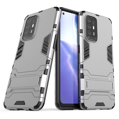 Silicone Matte Finish and Plastic Back Cover Case with Stand T01 for Oppo F19 Pro+ Plus 5G Gray