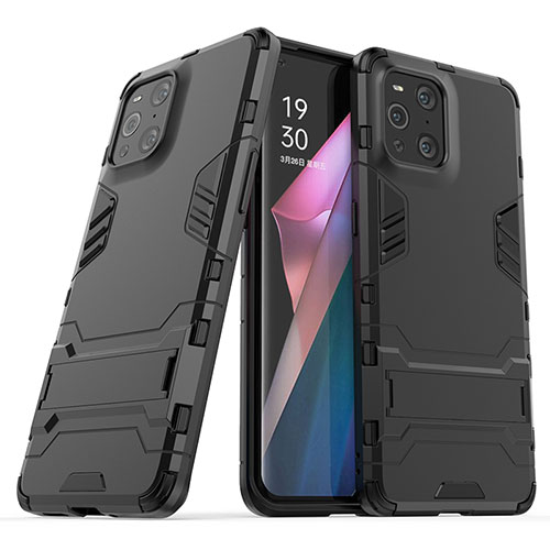 Silicone Matte Finish and Plastic Back Cover Case with Stand T01 for Oppo Find X3 Pro 5G Black