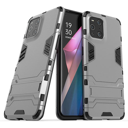 Silicone Matte Finish and Plastic Back Cover Case with Stand T01 for Oppo Find X3 Pro 5G Gray