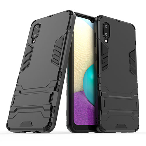 Silicone Matte Finish and Plastic Back Cover Case with Stand T01 for Samsung Galaxy A02 Black