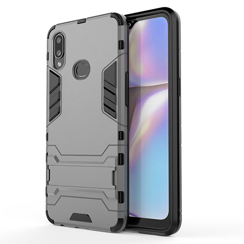 Silicone Matte Finish and Plastic Back Cover Case with Stand T01 for Samsung Galaxy A10s Gray