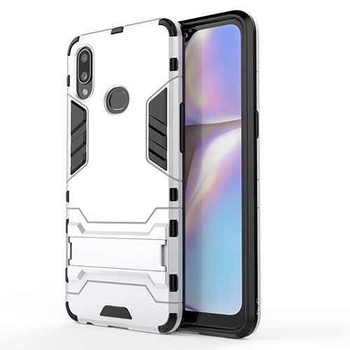 Silicone Matte Finish and Plastic Back Cover Case with Stand T01 for Samsung Galaxy A10s Silver