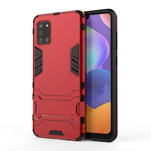 Silicone Matte Finish and Plastic Back Cover Case with Stand T01 for Samsung Galaxy A31 Red