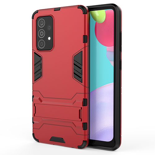 Silicone Matte Finish and Plastic Back Cover Case with Stand T01 for Samsung Galaxy A52s 5G Red