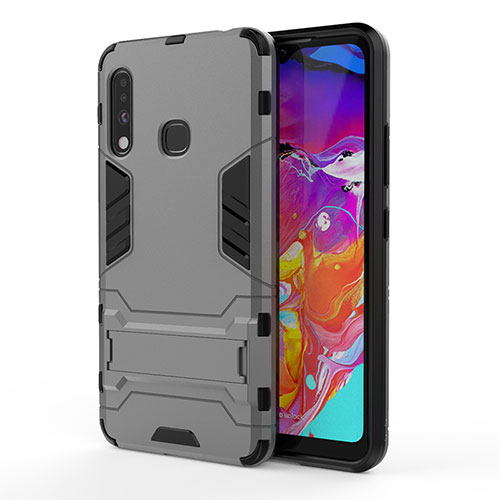 Silicone Matte Finish and Plastic Back Cover Case with Stand T01 for Samsung Galaxy A70E Gray