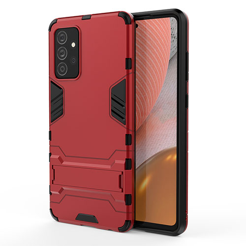 Silicone Matte Finish and Plastic Back Cover Case with Stand T01 for Samsung Galaxy A72 5G Red