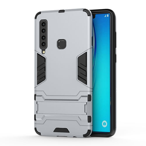 Silicone Matte Finish and Plastic Back Cover Case with Stand T01 for Samsung Galaxy A9 (2018) A920 Silver