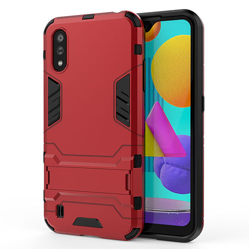 Silicone Matte Finish and Plastic Back Cover Case with Stand T01 for Samsung Galaxy M01 Red