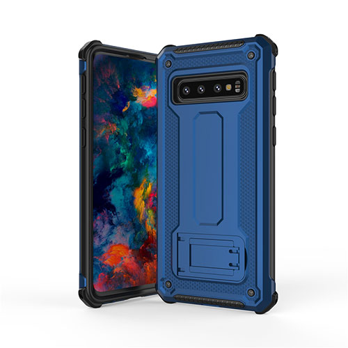 Silicone Matte Finish and Plastic Back Cover Case with Stand T01 for Samsung Galaxy S10 5G Blue and Black