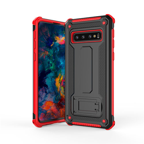 Silicone Matte Finish and Plastic Back Cover Case with Stand T01 for Samsung Galaxy S10 5G Red and Black