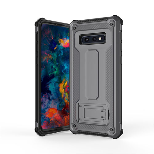 Silicone Matte Finish and Plastic Back Cover Case with Stand T01 for Samsung Galaxy S10e Gray