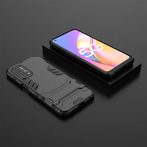 Silicone Matte Finish and Plastic Back Cover Case with Stand T02 for Oppo A54 5G Black