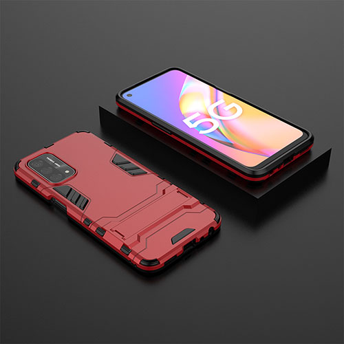 Silicone Matte Finish and Plastic Back Cover Case with Stand T02 for Oppo A54 5G Red