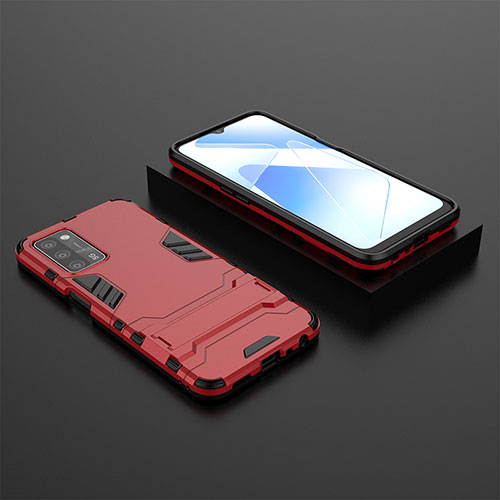 Silicone Matte Finish and Plastic Back Cover Case with Stand T02 for Oppo A55 5G Red