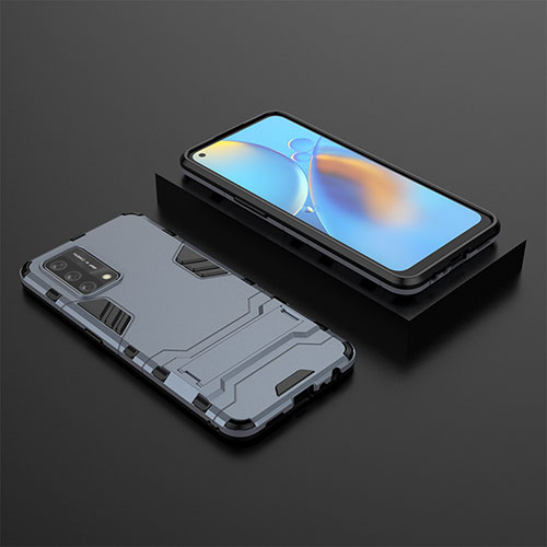 Silicone Matte Finish and Plastic Back Cover Case with Stand T02 for Oppo A74 4G Blue