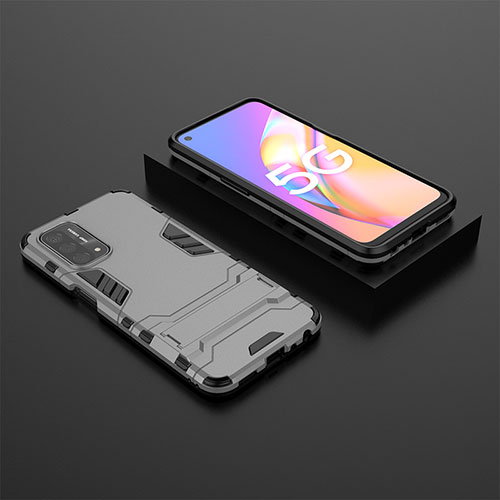 Silicone Matte Finish and Plastic Back Cover Case with Stand T02 for Oppo A74 5G Gray