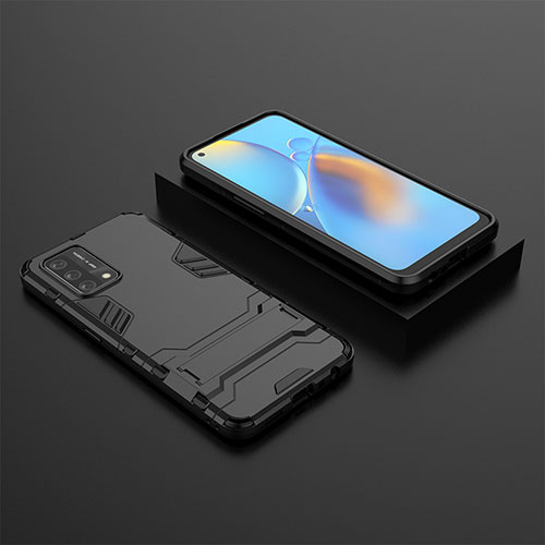 Silicone Matte Finish and Plastic Back Cover Case with Stand T02 for Oppo F19 Black