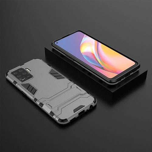 Silicone Matte Finish and Plastic Back Cover Case with Stand T02 for Oppo F19 Pro Gray