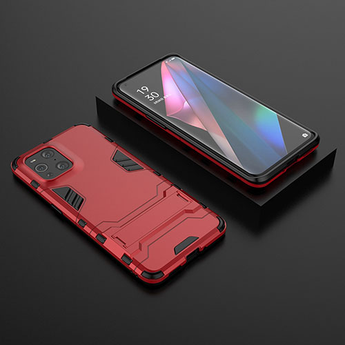 Silicone Matte Finish and Plastic Back Cover Case with Stand T02 for Oppo Find X3 5G Red