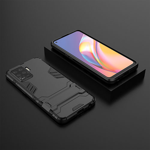 Silicone Matte Finish and Plastic Back Cover Case with Stand T02 for Oppo Reno5 F Black