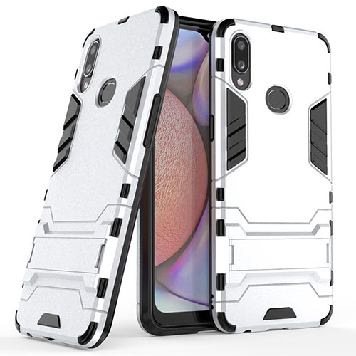 Silicone Matte Finish and Plastic Back Cover Case with Stand T02 for Samsung Galaxy A10s Silver