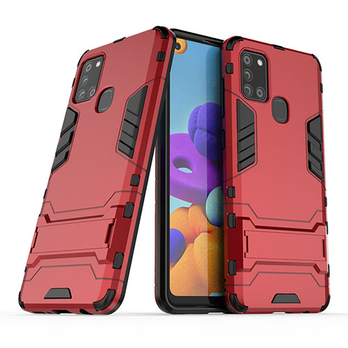 Silicone Matte Finish and Plastic Back Cover Case with Stand T02 for Samsung Galaxy A21s Red