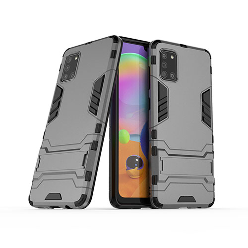 Silicone Matte Finish and Plastic Back Cover Case with Stand T02 for Samsung Galaxy A31 Gray