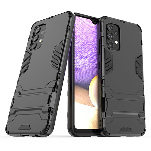 Silicone Matte Finish and Plastic Back Cover Case with Stand T02 for Samsung Galaxy A32 4G Black