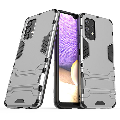 Silicone Matte Finish and Plastic Back Cover Case with Stand T02 for Samsung Galaxy A32 4G Gray