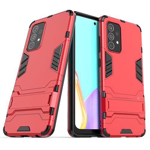 Silicone Matte Finish and Plastic Back Cover Case with Stand T02 for Samsung Galaxy A52 4G Red