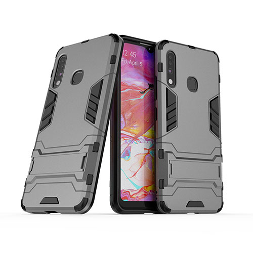 Silicone Matte Finish and Plastic Back Cover Case with Stand T02 for Samsung Galaxy A70E Gray