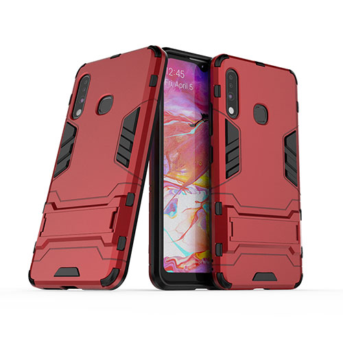 Silicone Matte Finish and Plastic Back Cover Case with Stand T02 for Samsung Galaxy A70E Red