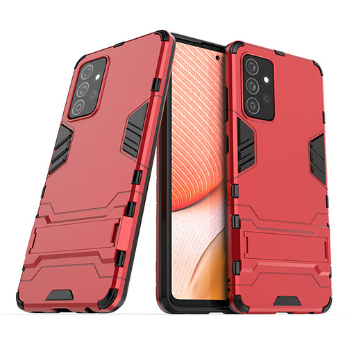 Silicone Matte Finish and Plastic Back Cover Case with Stand T02 for Samsung Galaxy A72 4G Red