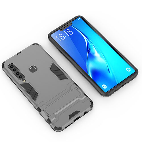 Silicone Matte Finish and Plastic Back Cover Case with Stand T02 for Samsung Galaxy A9 (2018) A920 Gray