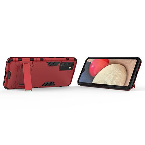 Silicone Matte Finish and Plastic Back Cover Case with Stand T02 for Samsung Galaxy F02S SM-E025F Red