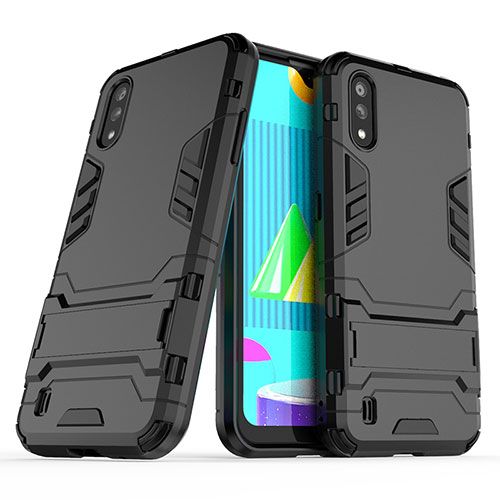 Silicone Matte Finish and Plastic Back Cover Case with Stand T02 for Samsung Galaxy M01 Black