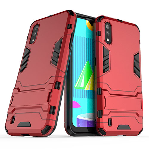 Silicone Matte Finish and Plastic Back Cover Case with Stand T02 for Samsung Galaxy M01 Red