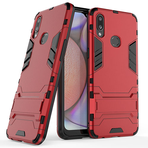 Silicone Matte Finish and Plastic Back Cover Case with Stand T02 for Samsung Galaxy M01s Red