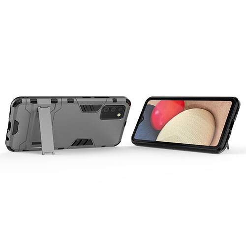 Silicone Matte Finish and Plastic Back Cover Case with Stand T02 for Samsung Galaxy M02s Gray