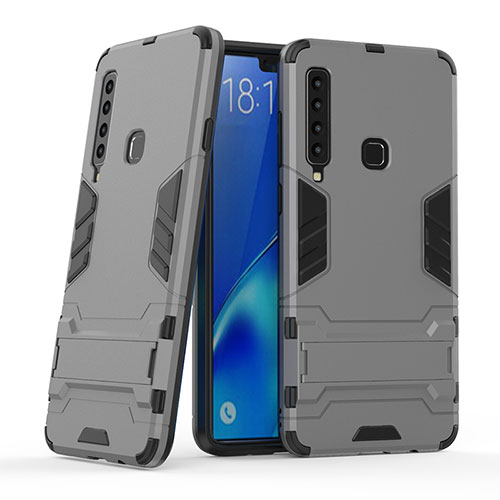 Silicone Matte Finish and Plastic Back Cover Case with Stand T03 for Samsung Galaxy A9s Gray