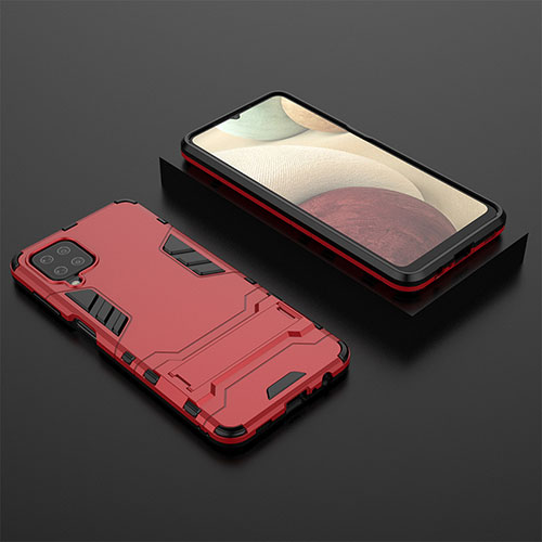 Silicone Matte Finish and Plastic Back Cover Case with Stand T04 for Samsung Galaxy A12 Nacho Red